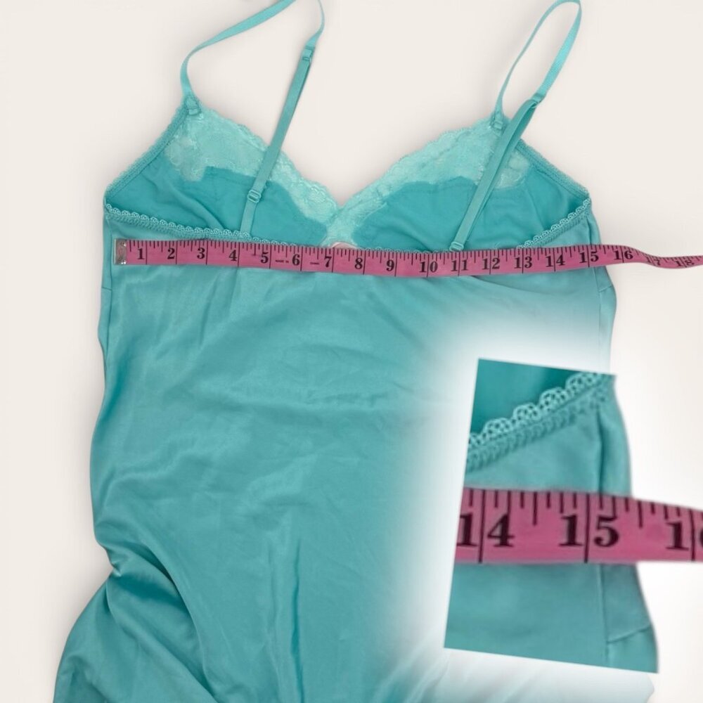 Vintage Y2K Victorias Secret Turquoise Blue Lace Trim Slip Dress Satin Nightgown - Picture 11 of 11